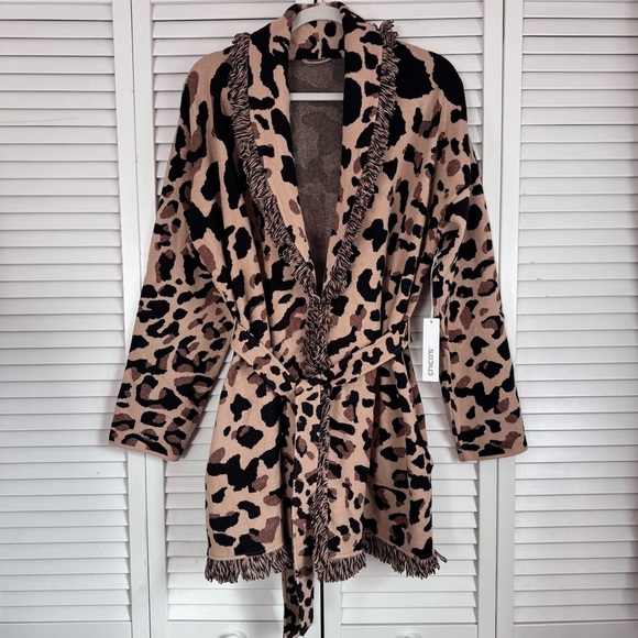 Chico’s Animal Print Fringe Cardigan Brown Metallic Mobwife Size 3 (XL/16) NWT - Picture 1 of 15